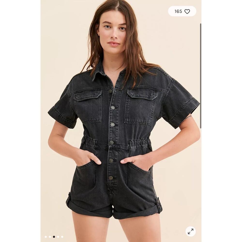 We the Free People Marci Jumpsuit M Cuffed Shortall Denim Jean One Piece Romper